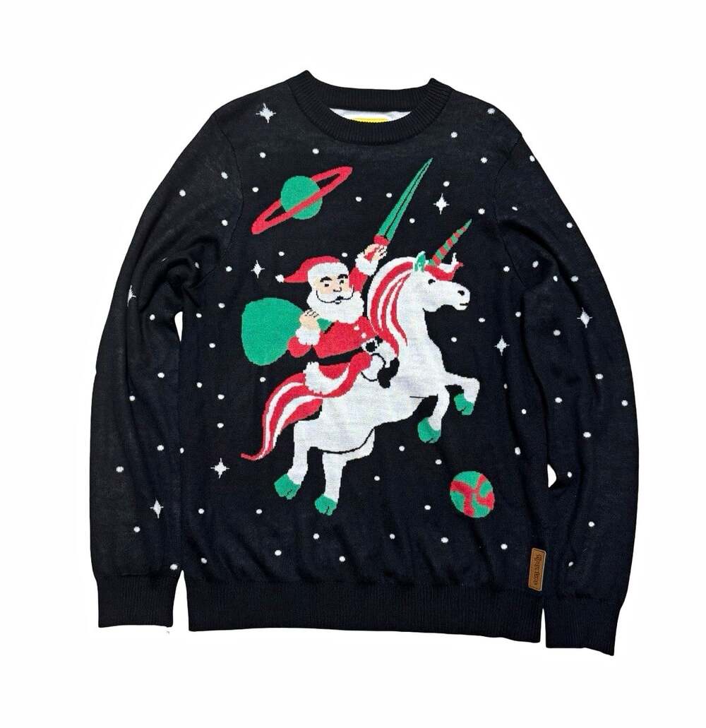 Tipsy Elves Men’s L Black Crew Neck Knit Pullover Santa Unicorn Sweater
